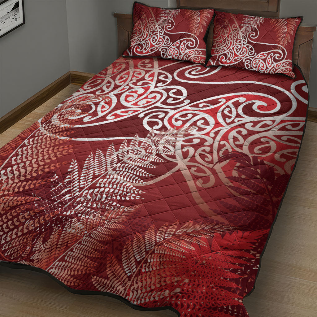 Aotearoa Maori Koru Curves Quilt Bed Set Silver Ferns - Crimson Red LT7 - Polynesian Pride