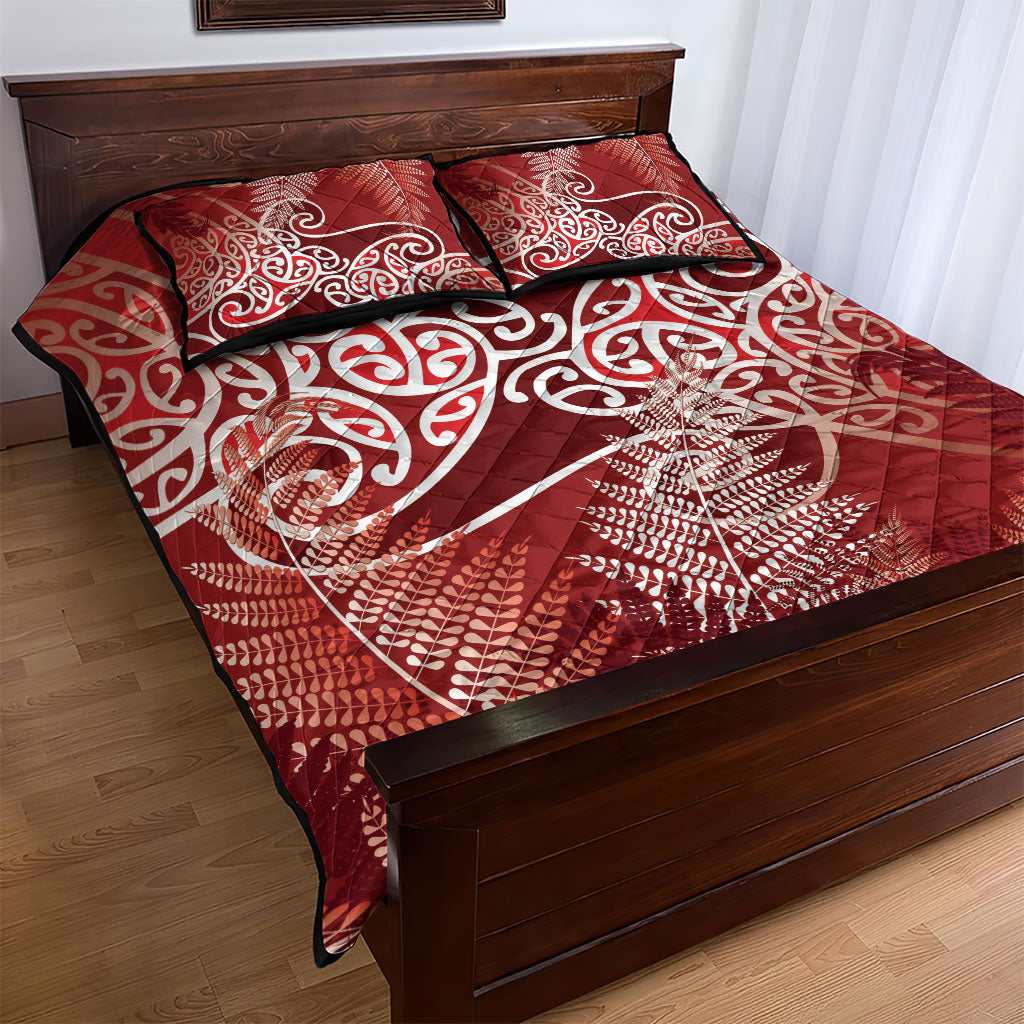 Aotearoa Maori Koru Curves Quilt Bed Set Silver Ferns - Crimson Red LT7 - Polynesian Pride