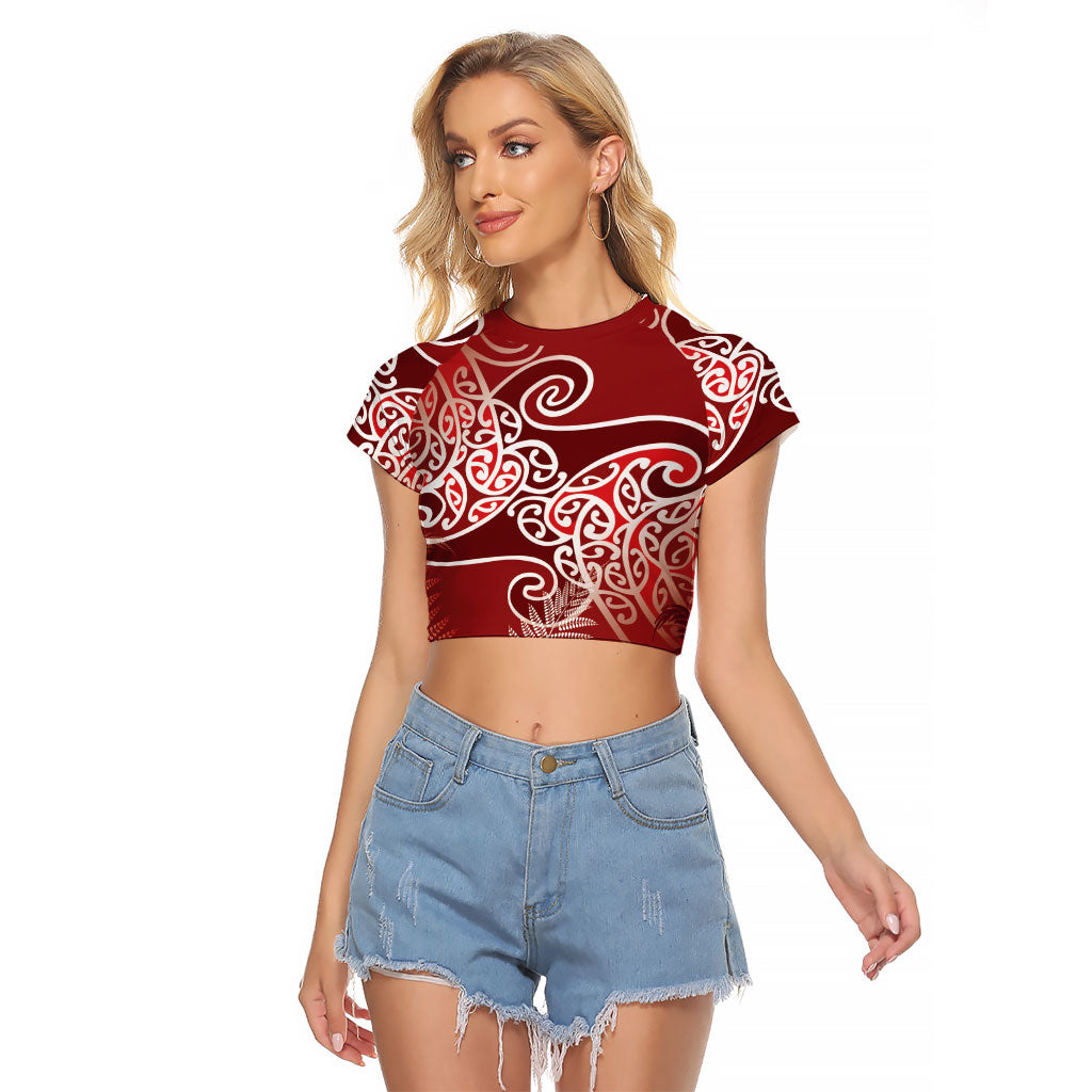 Aotearoa Maori Koru Curves Raglan Cropped T Shirt Silver Ferns - Crimson Red LT7 Female Red - Polynesian Pride