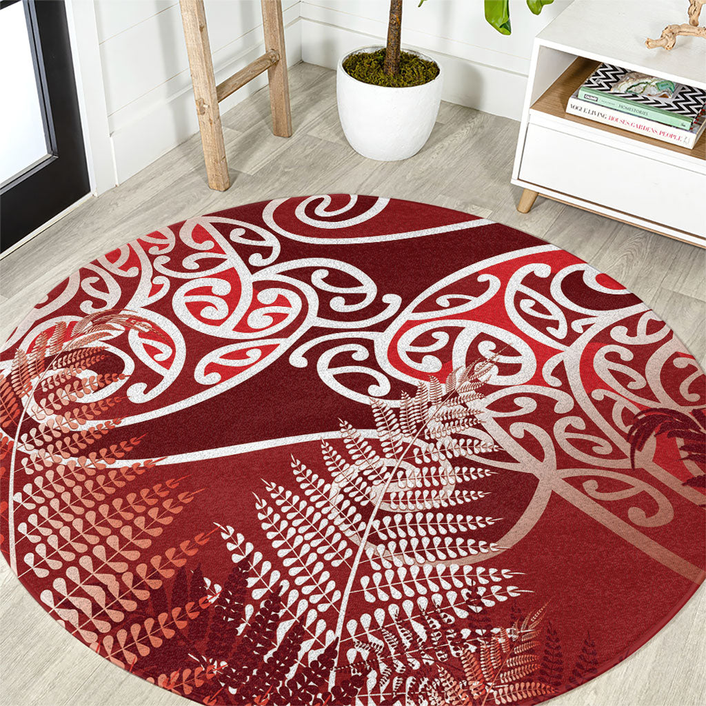 Aotearoa Maori Koru Curves Round Carpet Silver Ferns - Crimson Red