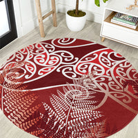 Aotearoa Maori Koru Curves Round Carpet Silver Ferns - Crimson Red