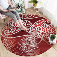 Aotearoa Maori Koru Curves Round Carpet Silver Ferns - Crimson Red