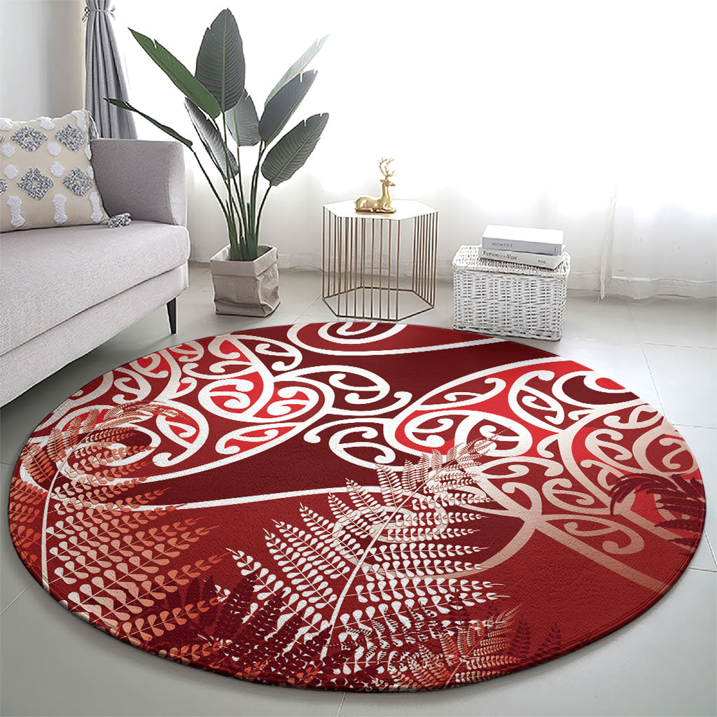 Aotearoa Maori Koru Curves Round Carpet Silver Ferns - Crimson Red