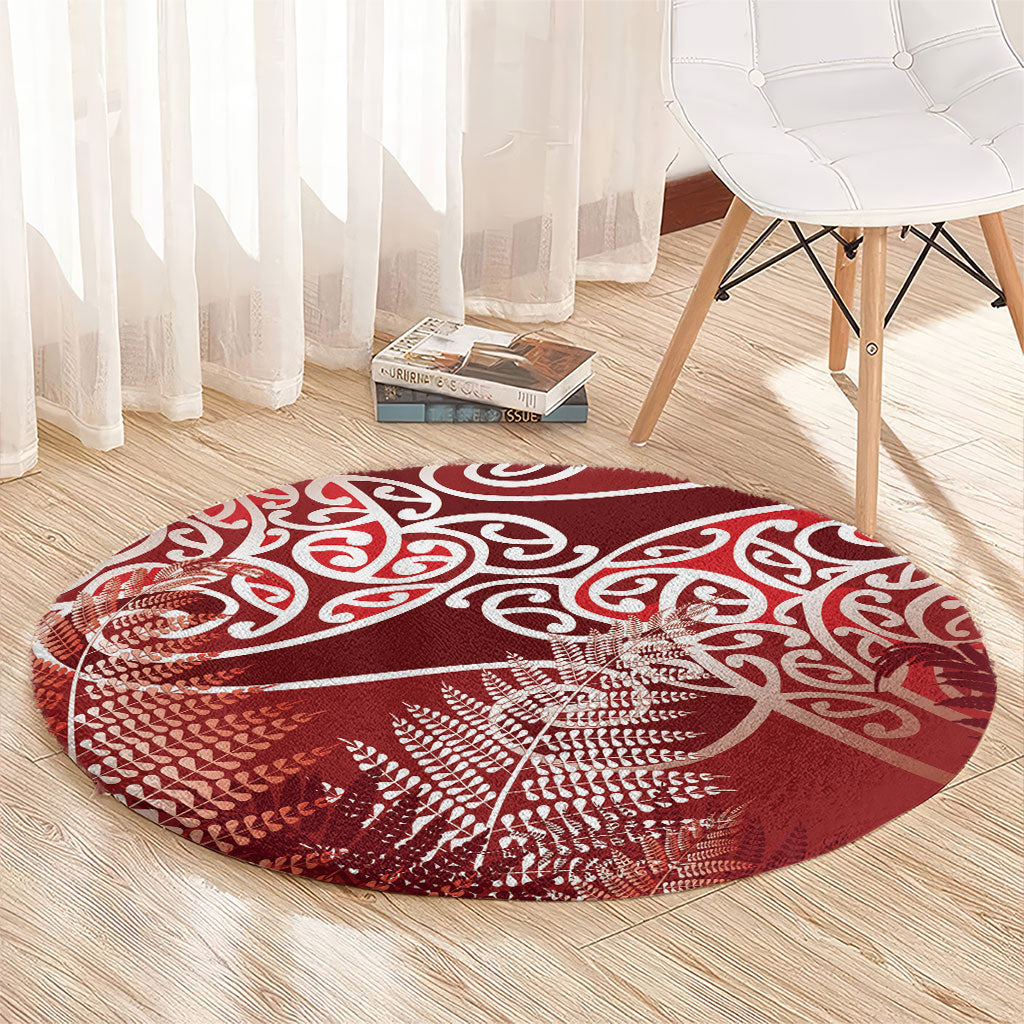 Aotearoa Maori Koru Curves Round Carpet Silver Ferns - Crimson Red