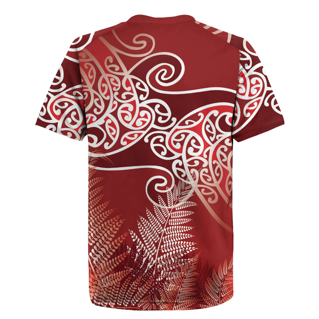 Aotearoa Maori Koru Curves Rugby Jersey Silver Ferns - Crimson Red LT7 - Polynesian Pride