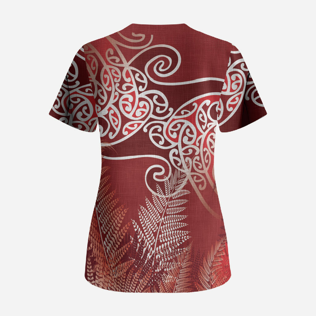 Aotearoa Maori Koru Curves Scrub Top Silver Ferns - Crimson Red LT7 - Polynesian Pride