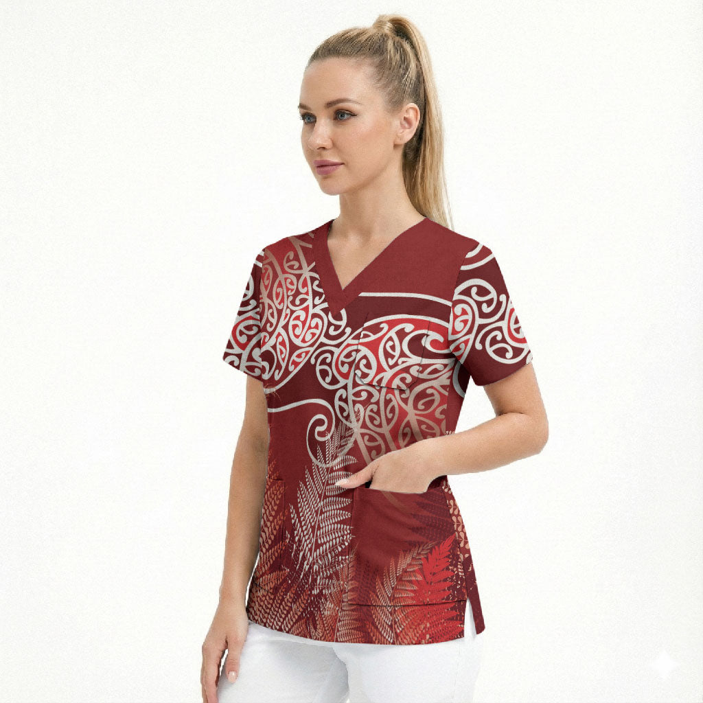 Aotearoa Maori Koru Curves Scrub Top Silver Ferns - Crimson Red LT7 - Polynesian Pride
