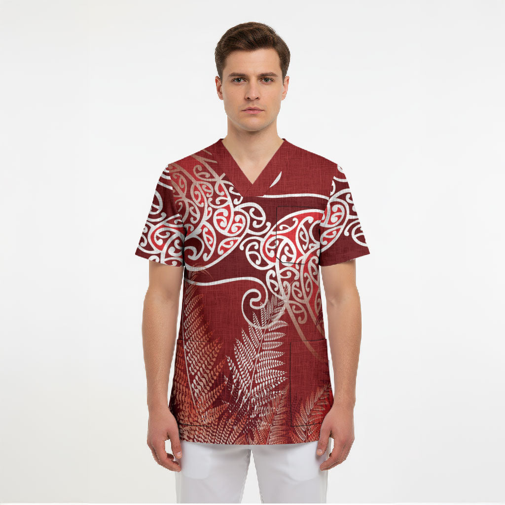 Aotearoa Maori Koru Curves Scrub Top Silver Ferns - Crimson Red LT7 - Polynesian Pride