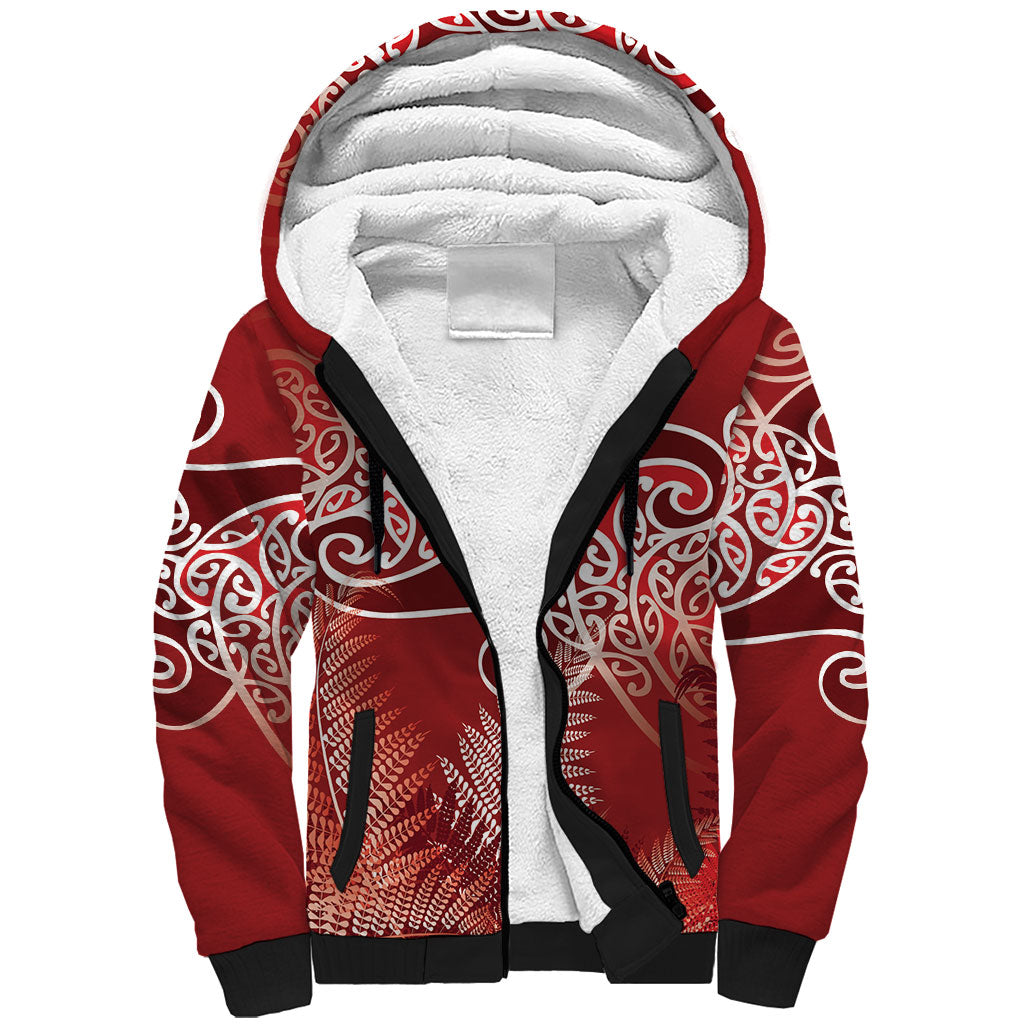 Aotearoa Maori Koru Curves Sherpa Hoodie Silver Ferns - Crimson Red LT7 Unisex Red - Polynesian Pride