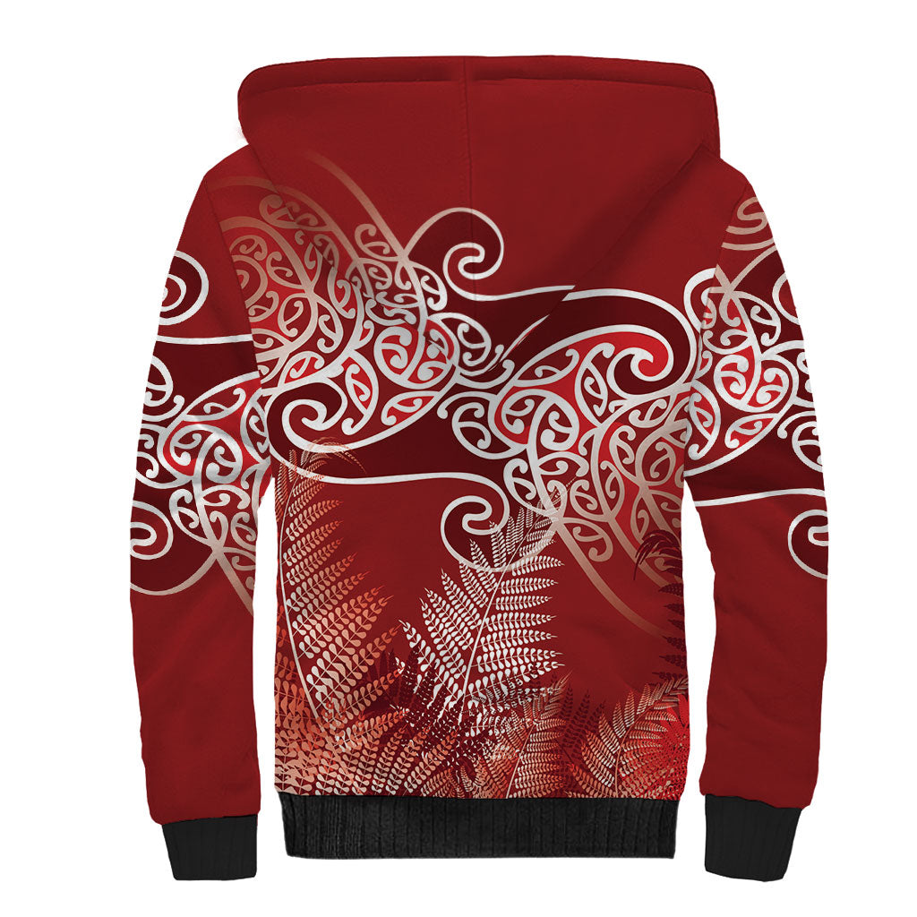 Aotearoa Maori Koru Curves Sherpa Hoodie Silver Ferns - Crimson Red LT7 - Polynesian Pride