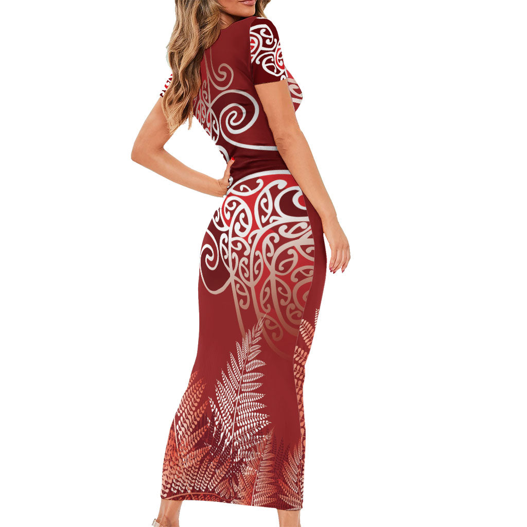 Aotearoa Maori Koru Curves Short Sleeve Bodycon Dress Silver Ferns - Crimson Red LT7 - Polynesian Pride