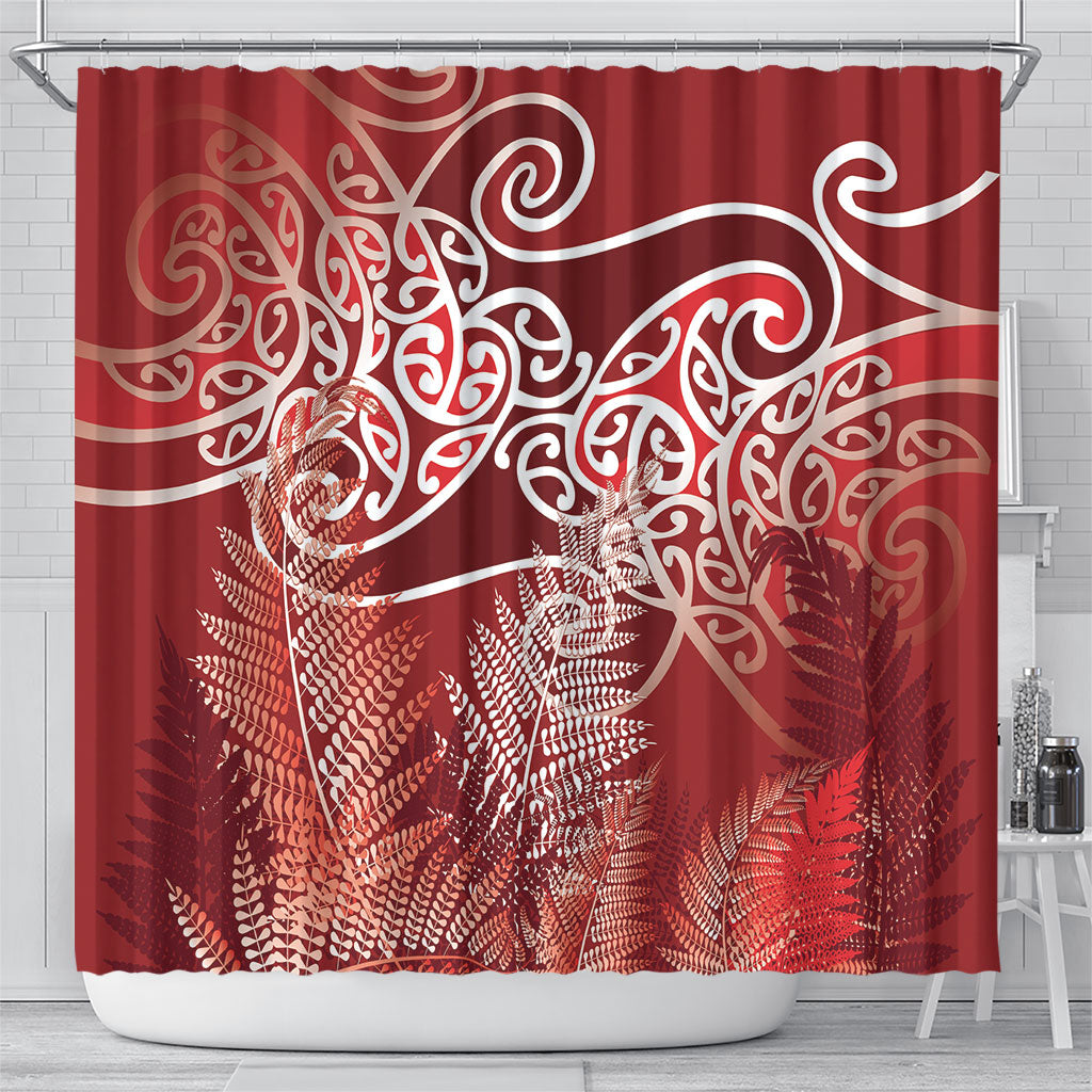 Aotearoa Maori Koru Curves Shower Curtain Silver Ferns - Crimson Red LT7 - Polynesian Pride