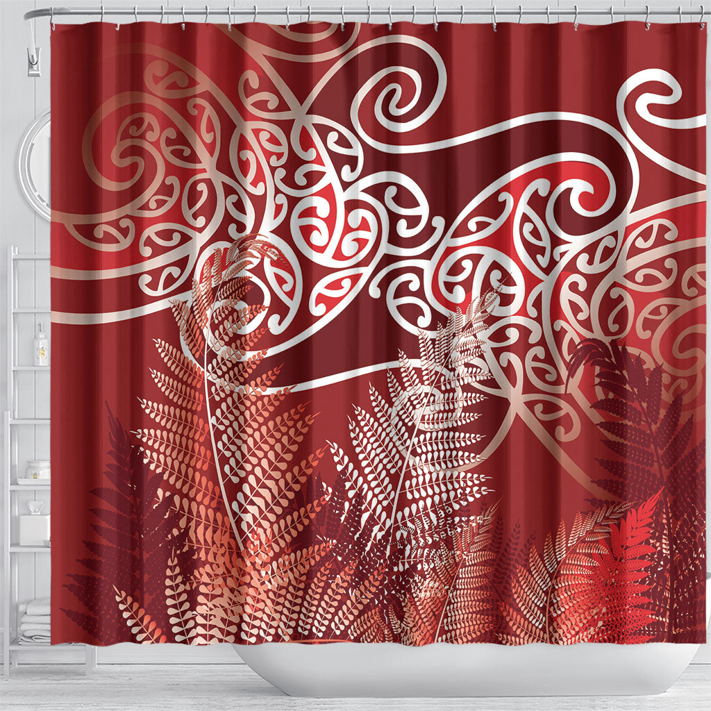 Aotearoa Maori Koru Curves Shower Curtain Silver Ferns - Crimson Red LT7 - Polynesian Pride
