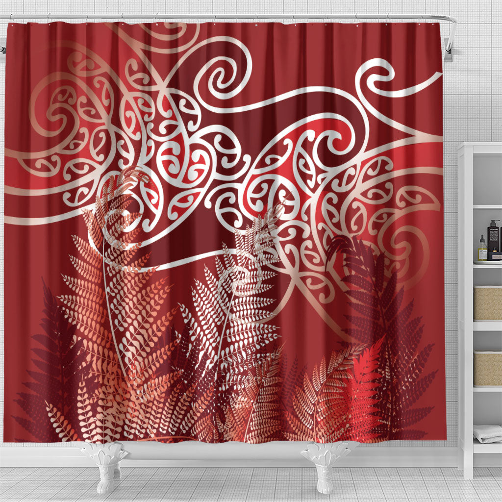 Aotearoa Maori Koru Curves Shower Curtain Silver Ferns - Crimson Red LT7 - Polynesian Pride