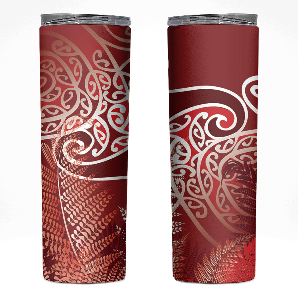 Aotearoa Maori Koru Curves Skinny Tumbler Silver Ferns - Crimson Red