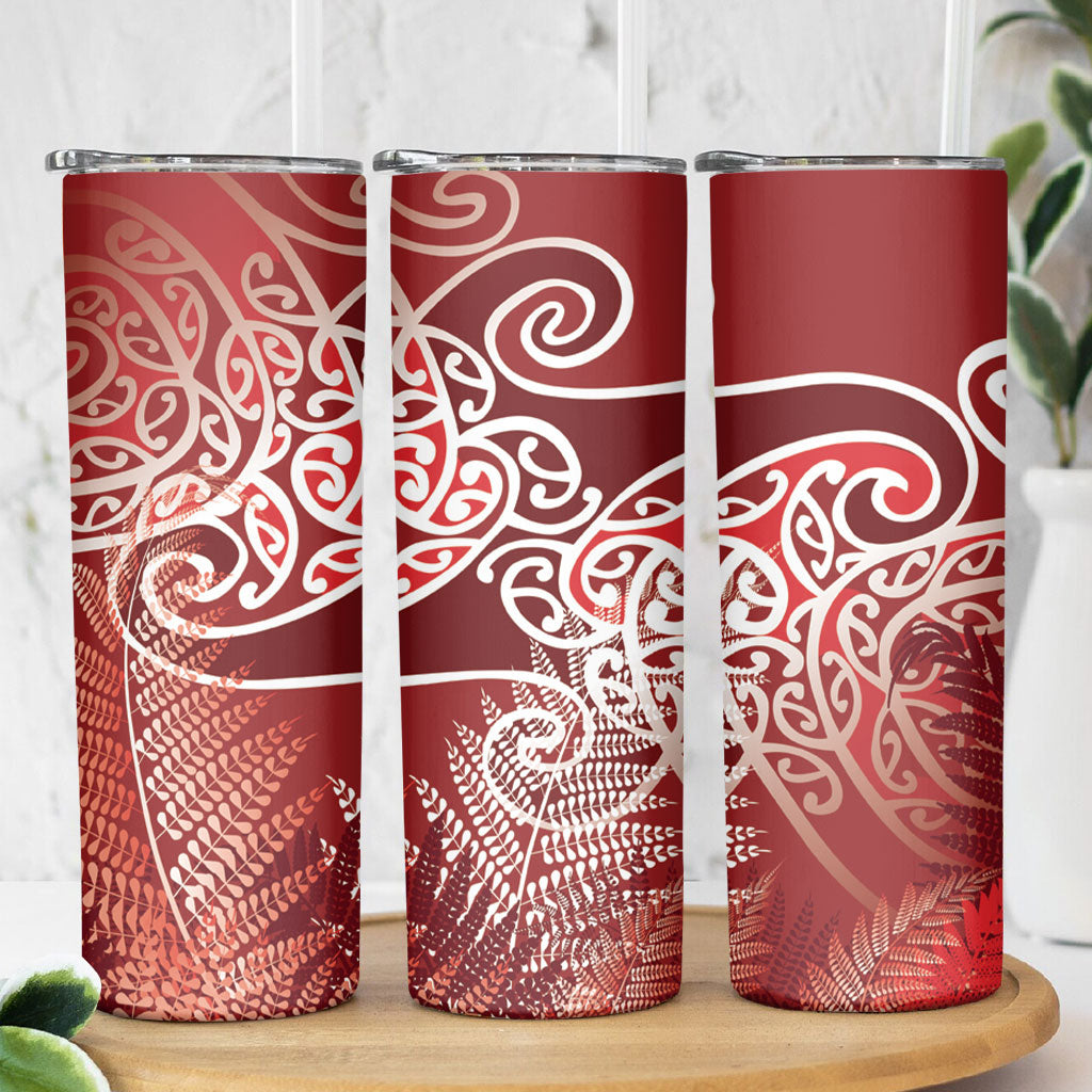 Aotearoa Maori Koru Curves Skinny Tumbler Silver Ferns - Crimson Red