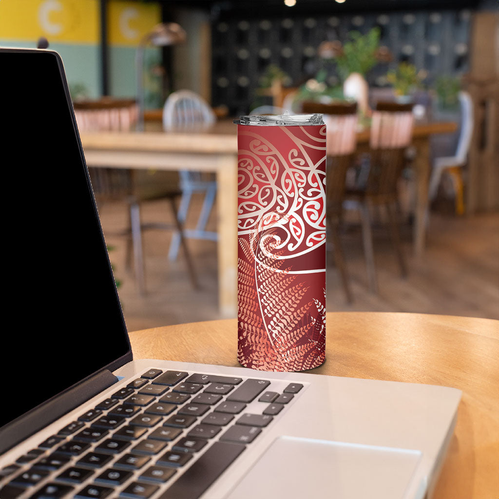Aotearoa Maori Koru Curves Skinny Tumbler Silver Ferns - Crimson Red