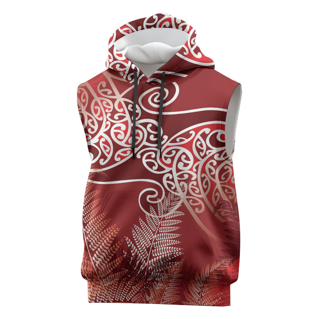 Aotearoa Maori Koru Curves Sleeveless Hoodie Silver Ferns - Crimson Red LT7 Red - Polynesian Pride