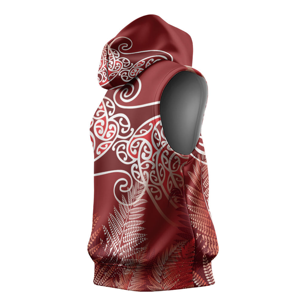 Aotearoa Maori Koru Curves Sleeveless Hoodie Silver Ferns - Crimson Red LT7 - Polynesian Pride