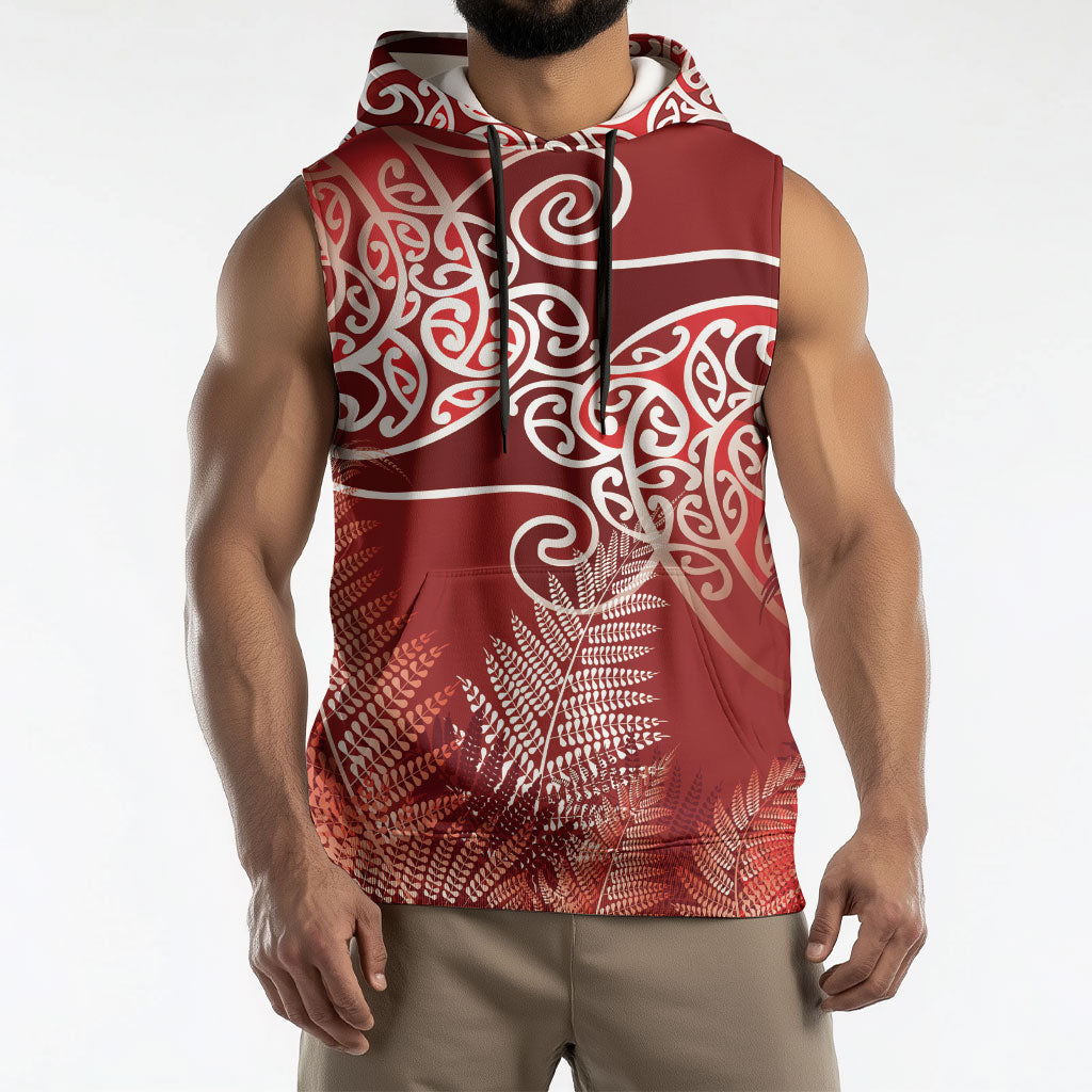 Aotearoa Maori Koru Curves Sleeveless Hoodie Silver Ferns - Crimson Red LT7 - Polynesian Pride