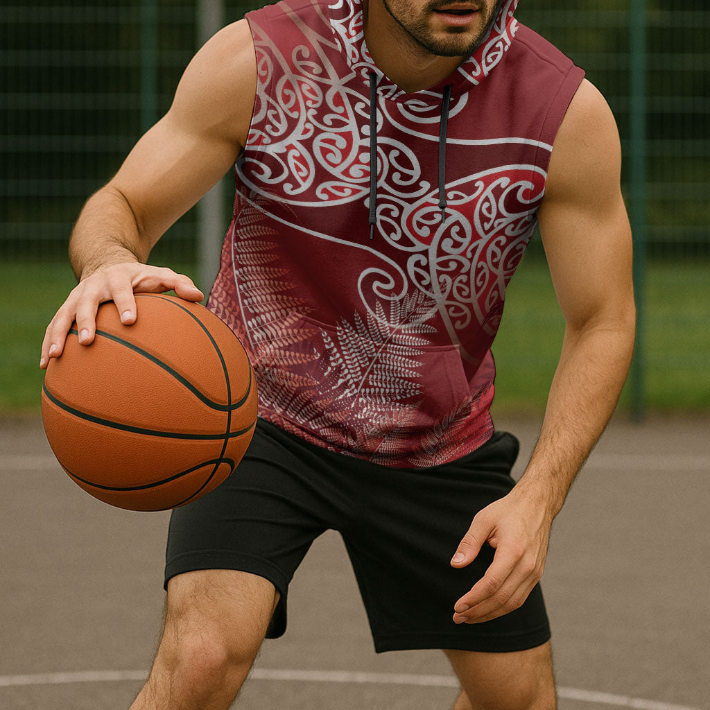 Aotearoa Maori Koru Curves Sleeveless Hoodie Silver Ferns - Crimson Red LT7 - Polynesian Pride