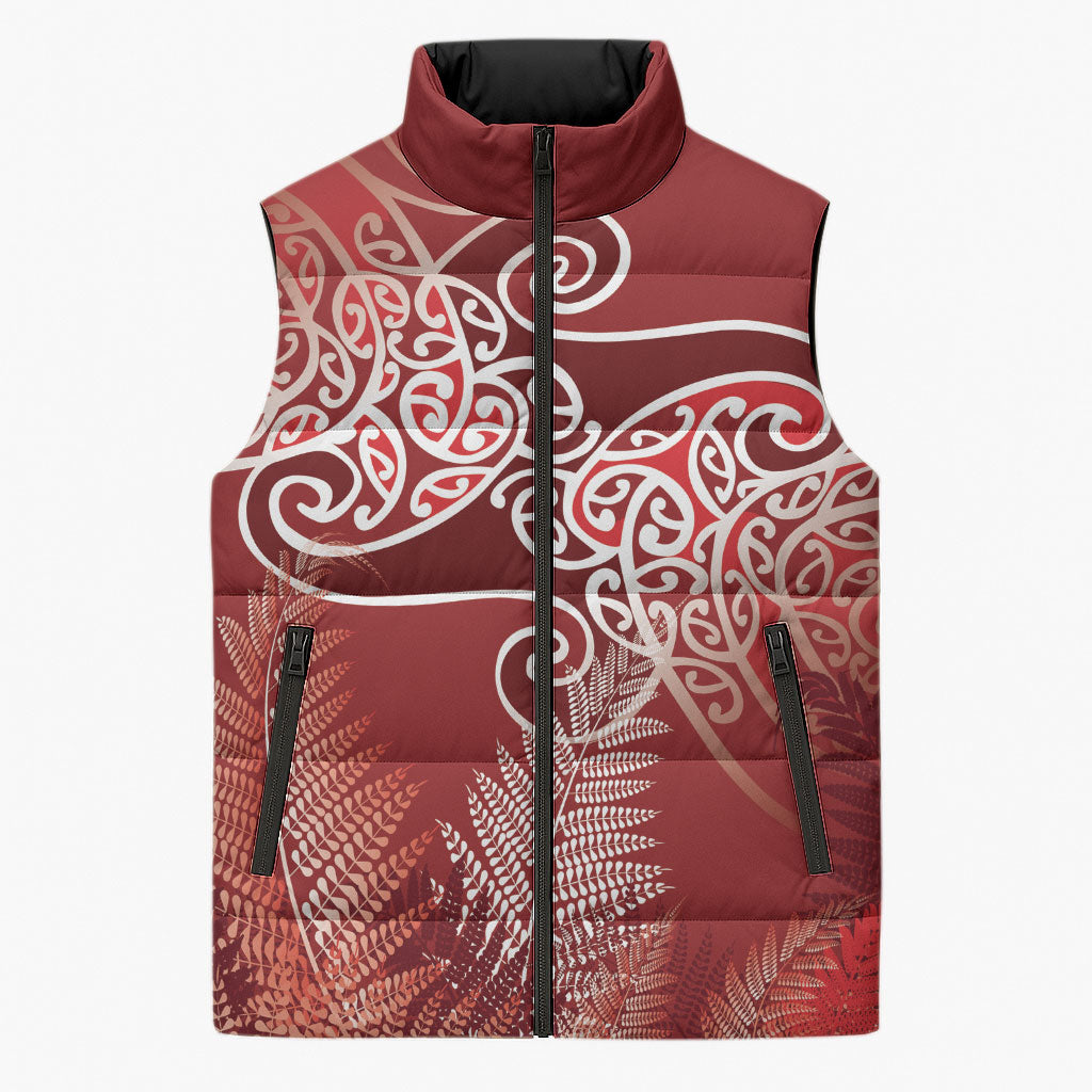 Aotearoa Maori Koru Curves Sleeveless Puffer Jacket Silver Ferns - Crimson Red LT7 Unisex Red - Polynesian Pride