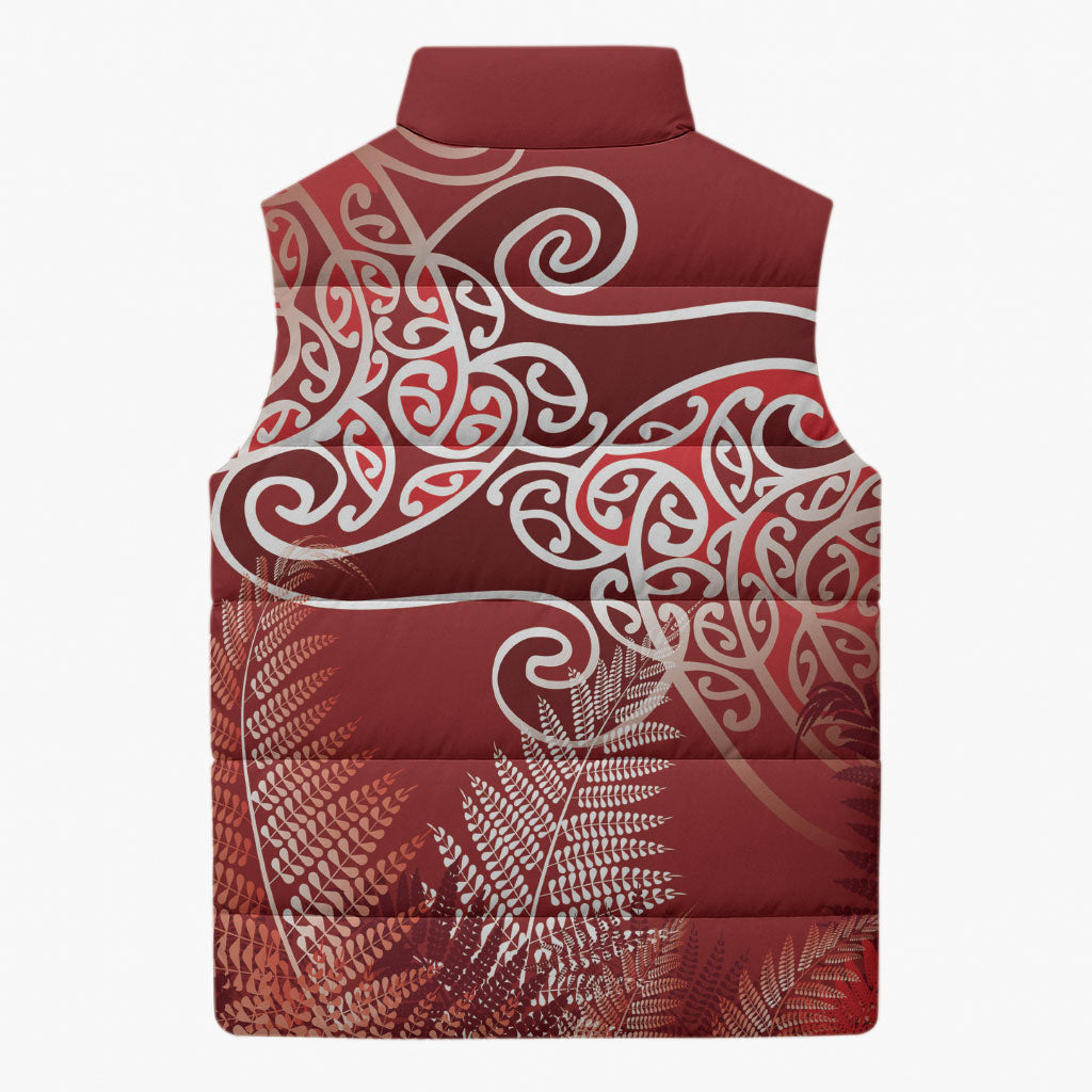 Aotearoa Maori Koru Curves Sleeveless Puffer Jacket Silver Ferns - Crimson Red LT7 - Polynesian Pride