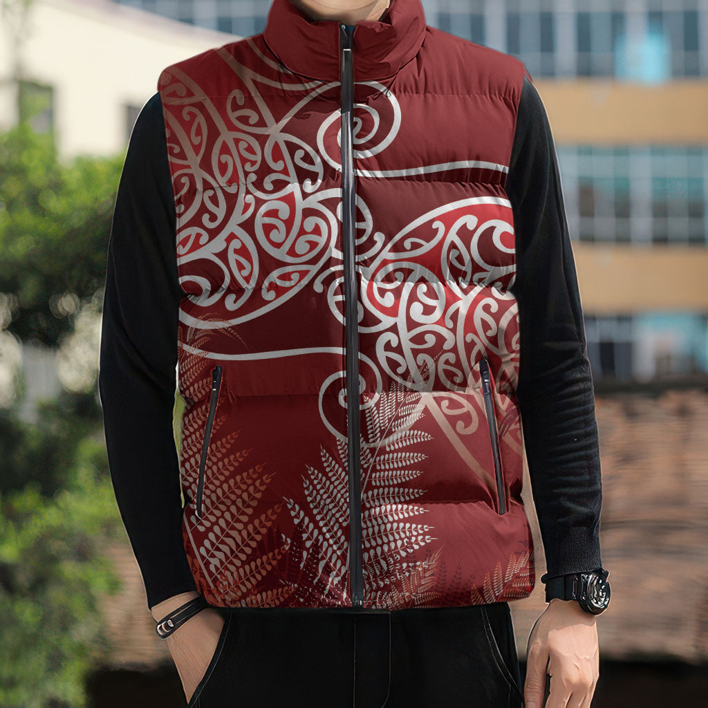 Aotearoa Maori Koru Curves Sleeveless Puffer Jacket Silver Ferns - Crimson Red LT7 - Polynesian Pride