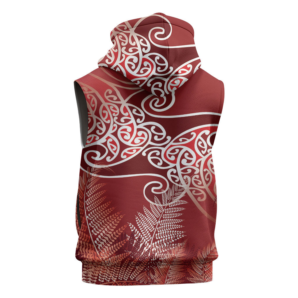 Aotearoa Maori Koru Curves Sleeveless Zip Hoodie Silver Ferns - Crimson Red LT7 - Polynesian Pride