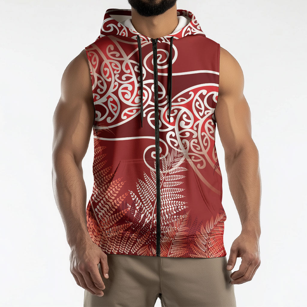 Aotearoa Maori Koru Curves Sleeveless Zip Hoodie Silver Ferns - Crimson Red LT7 - Polynesian Pride