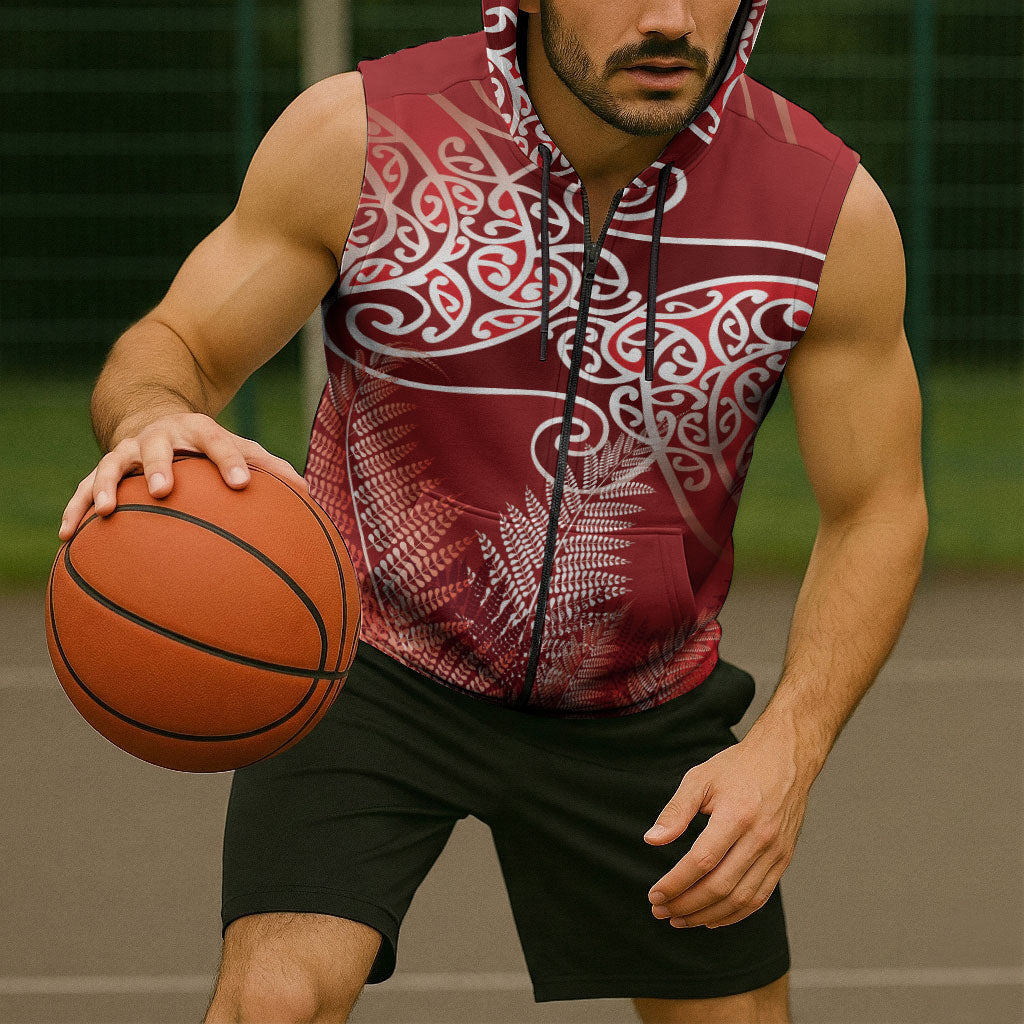 Aotearoa Maori Koru Curves Sleeveless Zip Hoodie Silver Ferns - Crimson Red LT7 - Polynesian Pride