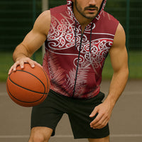 Aotearoa Maori Koru Curves Sleeveless Zip Hoodie Silver Ferns - Crimson Red LT7 - Polynesian Pride