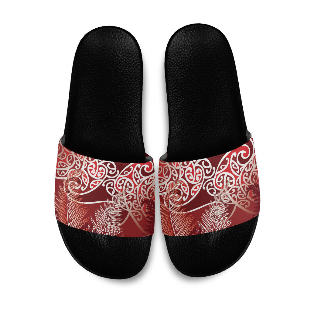 Aotearoa Maori Koru Curves Slide Sandals Silver Ferns - Crimson Red LT7 Red - Polynesian Pride
