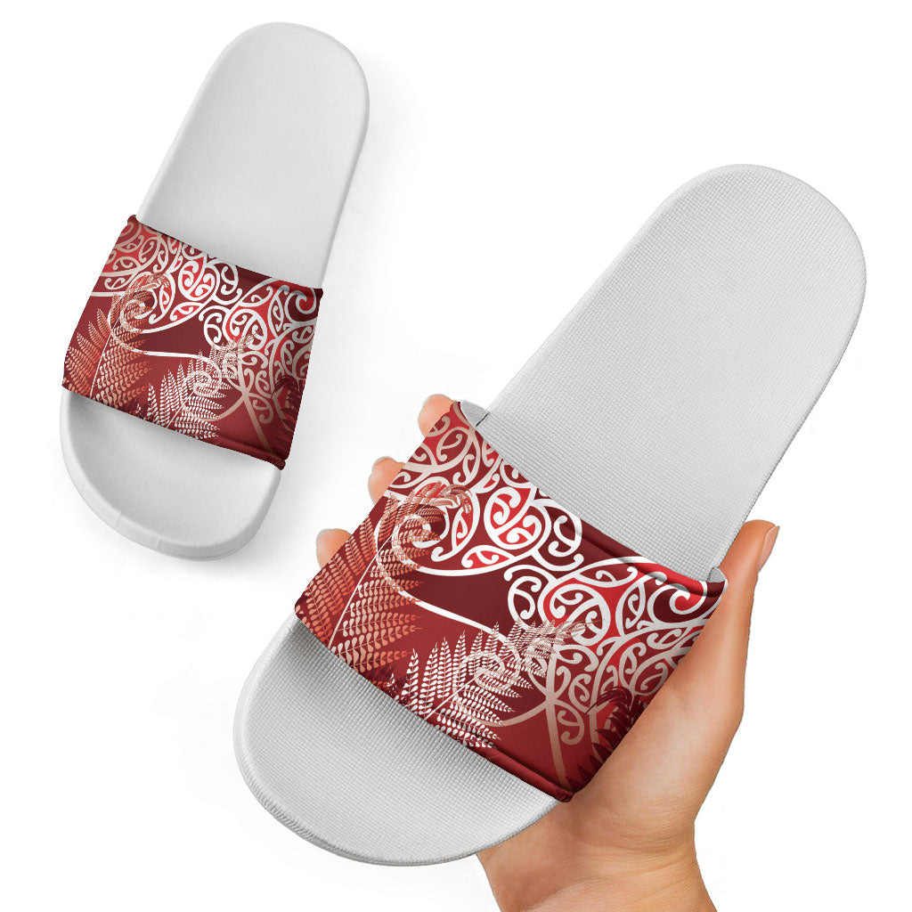 Aotearoa Maori Koru Curves Slide Sandals Silver Ferns - Crimson Red LT7 - Polynesian Pride