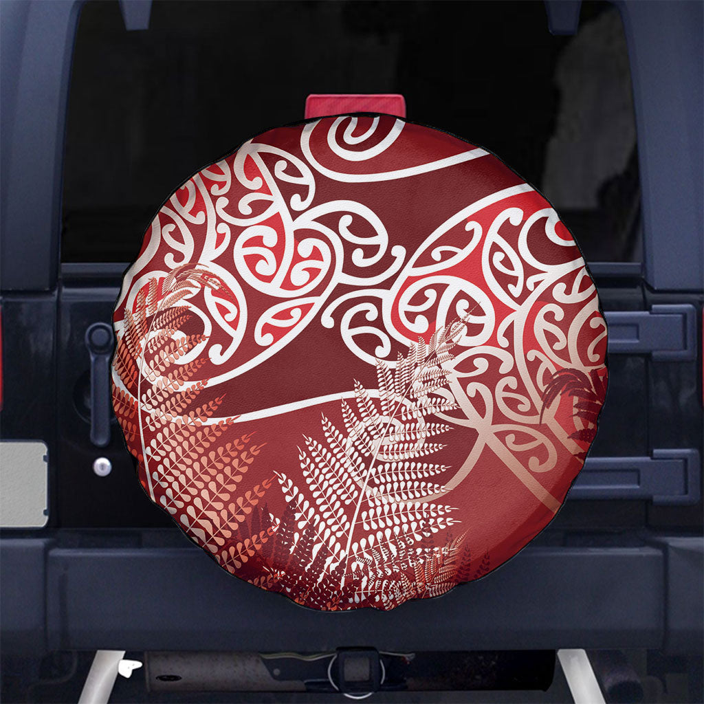 Aotearoa Maori Koru Curves Spare Tire Cover Silver Ferns - Crimson Red LT7 No hole Red - Polynesian Pride