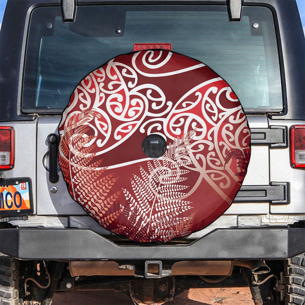 Aotearoa Maori Koru Curves Spare Tire Cover Silver Ferns - Crimson Red LT7 Red - Polynesian Pride
