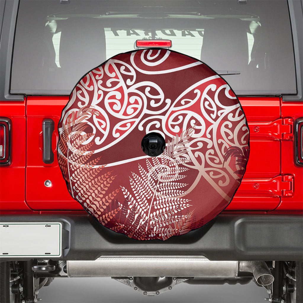 Aotearoa Maori Koru Curves Spare Tire Cover Silver Ferns - Crimson Red LT7 - Polynesian Pride