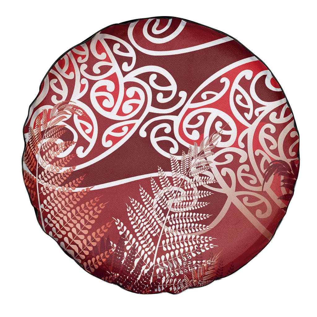 Aotearoa Maori Koru Curves Spare Tire Cover Silver Ferns - Crimson Red LT7 - Polynesian Pride
