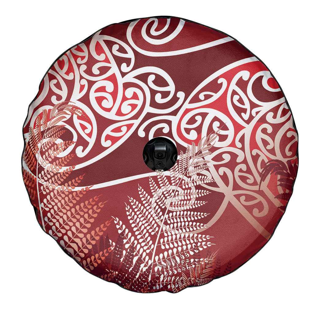 Aotearoa Maori Koru Curves Spare Tire Cover Silver Ferns - Crimson Red LT7 - Polynesian Pride