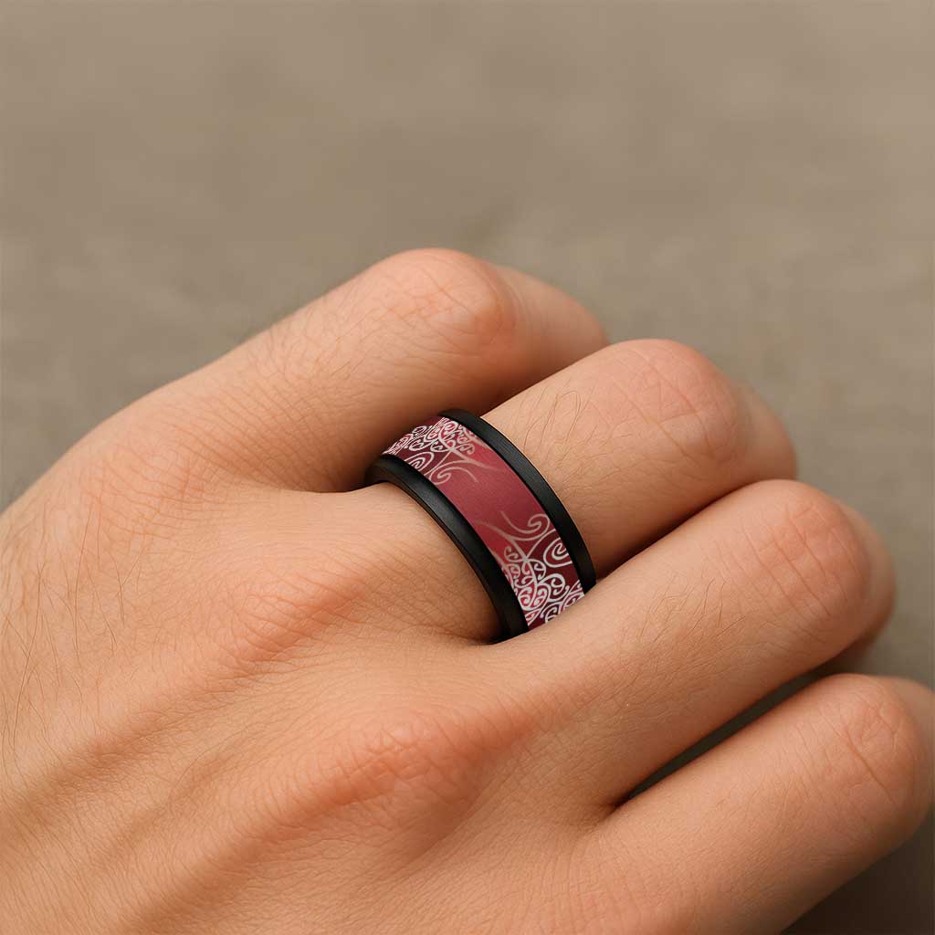 Aotearoa Maori Koru Curves Spinner Ring Silver Ferns - Crimson Red