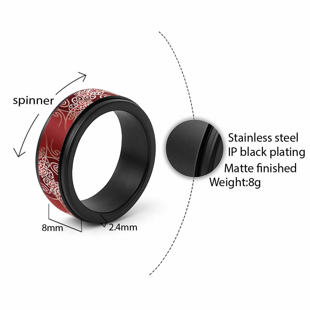 Aotearoa Maori Koru Curves Spinner Ring Silver Ferns - Crimson Red