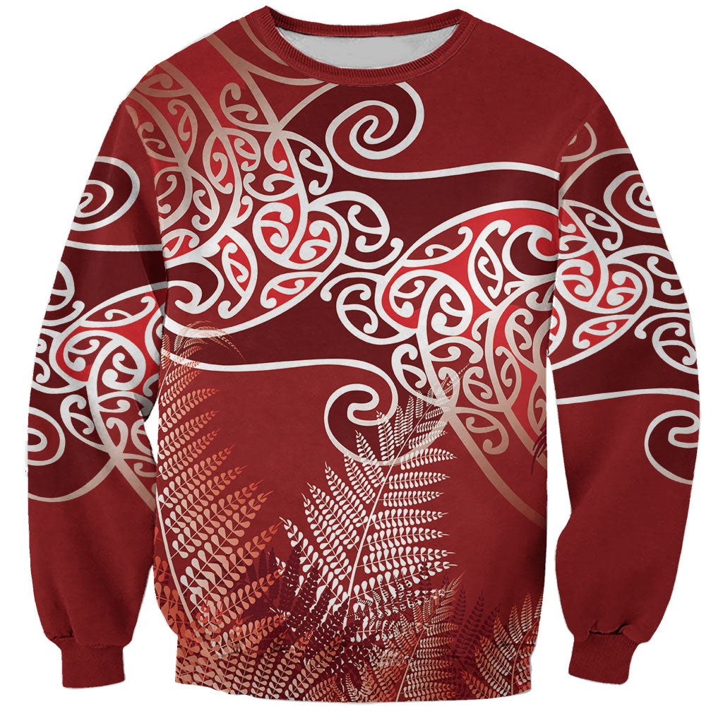 Aotearoa Maori Koru Curves Sweatshirt Silver Ferns - Crimson Red LT7 Unisex Red - Polynesian Pride