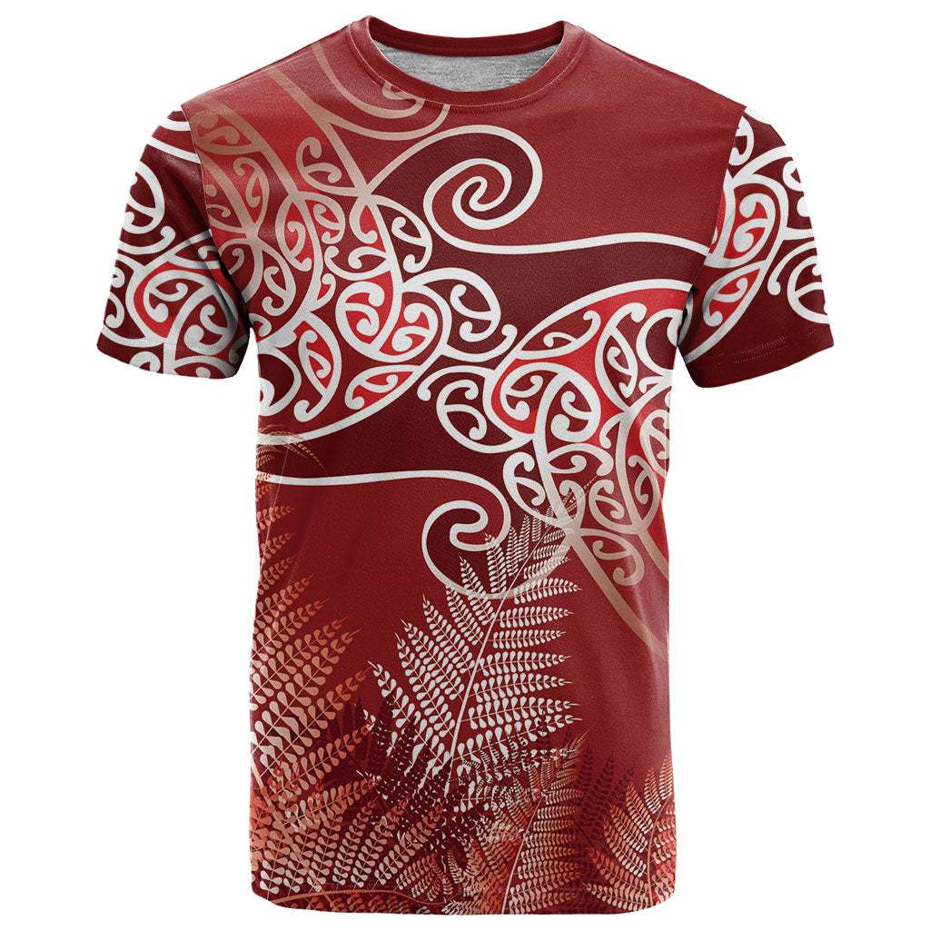 Aotearoa Maori Koru Curves T Shirt Silver Ferns - Crimson Red LT7 Red - Polynesian Pride
