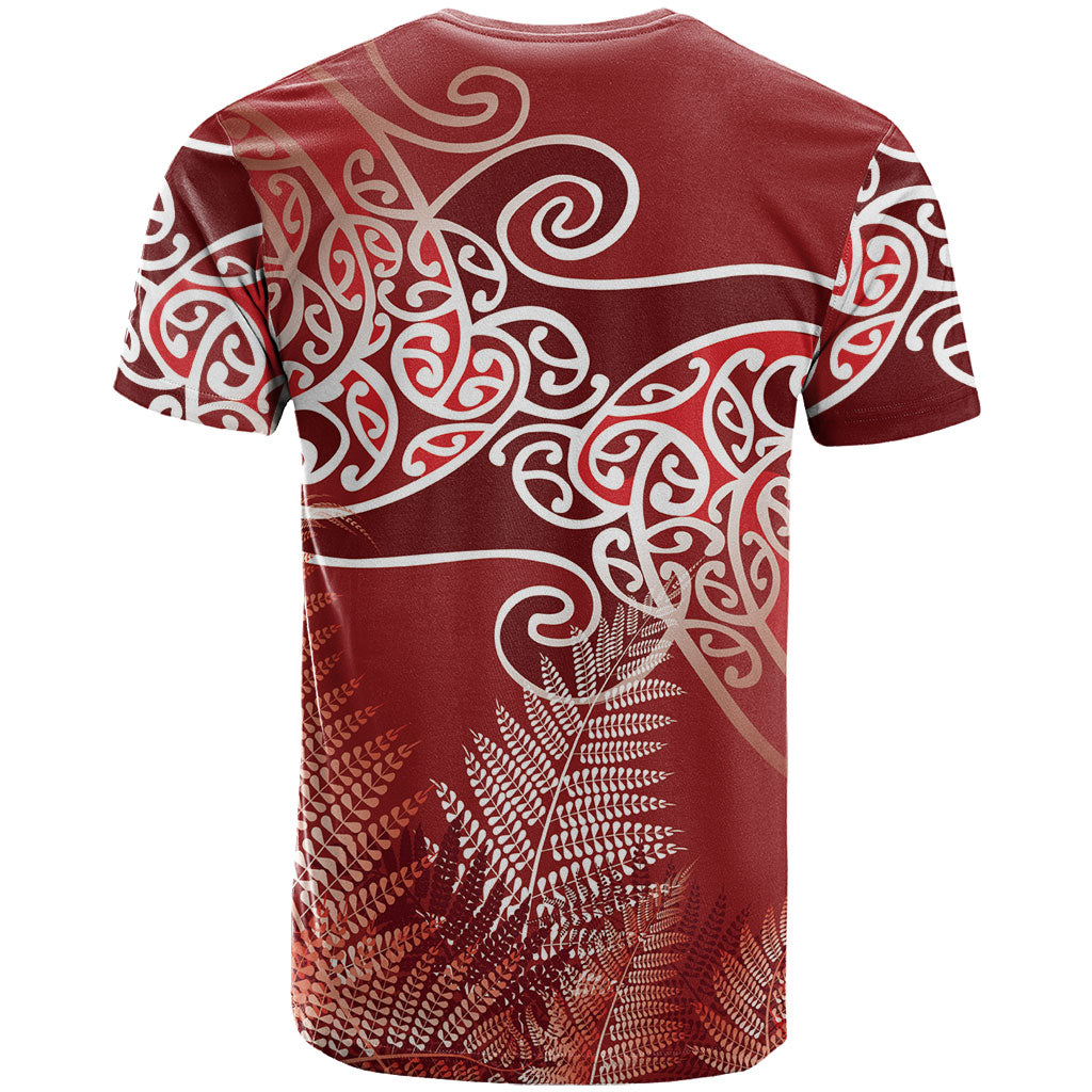 Aotearoa Maori Koru Curves T Shirt Silver Ferns - Crimson Red LT7 - Polynesian Pride