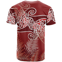 Aotearoa Maori Koru Curves T Shirt Silver Ferns - Crimson Red LT7 - Polynesian Pride