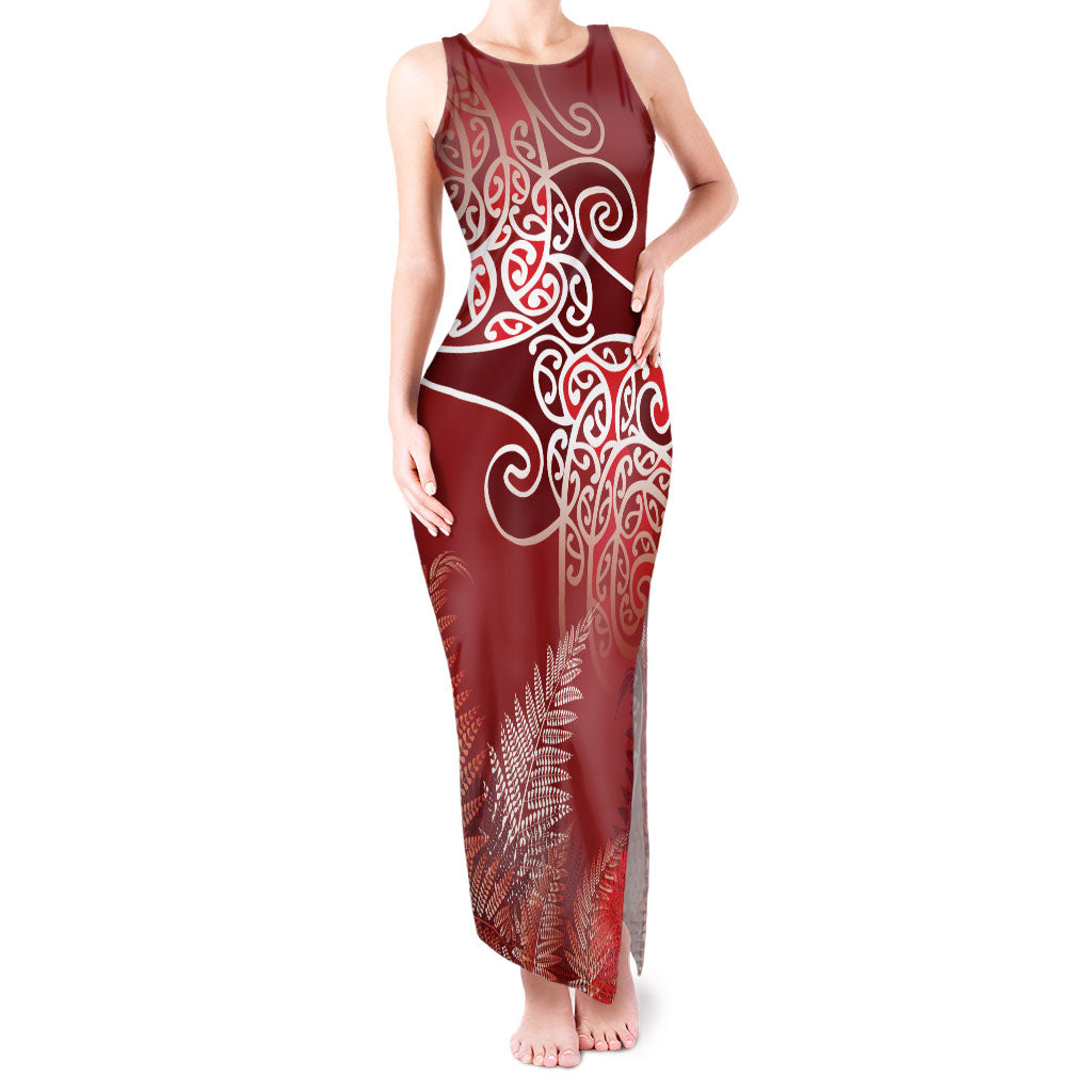 Aotearoa Maori Koru Curves Tank Maxi Dress Silver Ferns - Crimson Red LT7 Women Red - Polynesian Pride