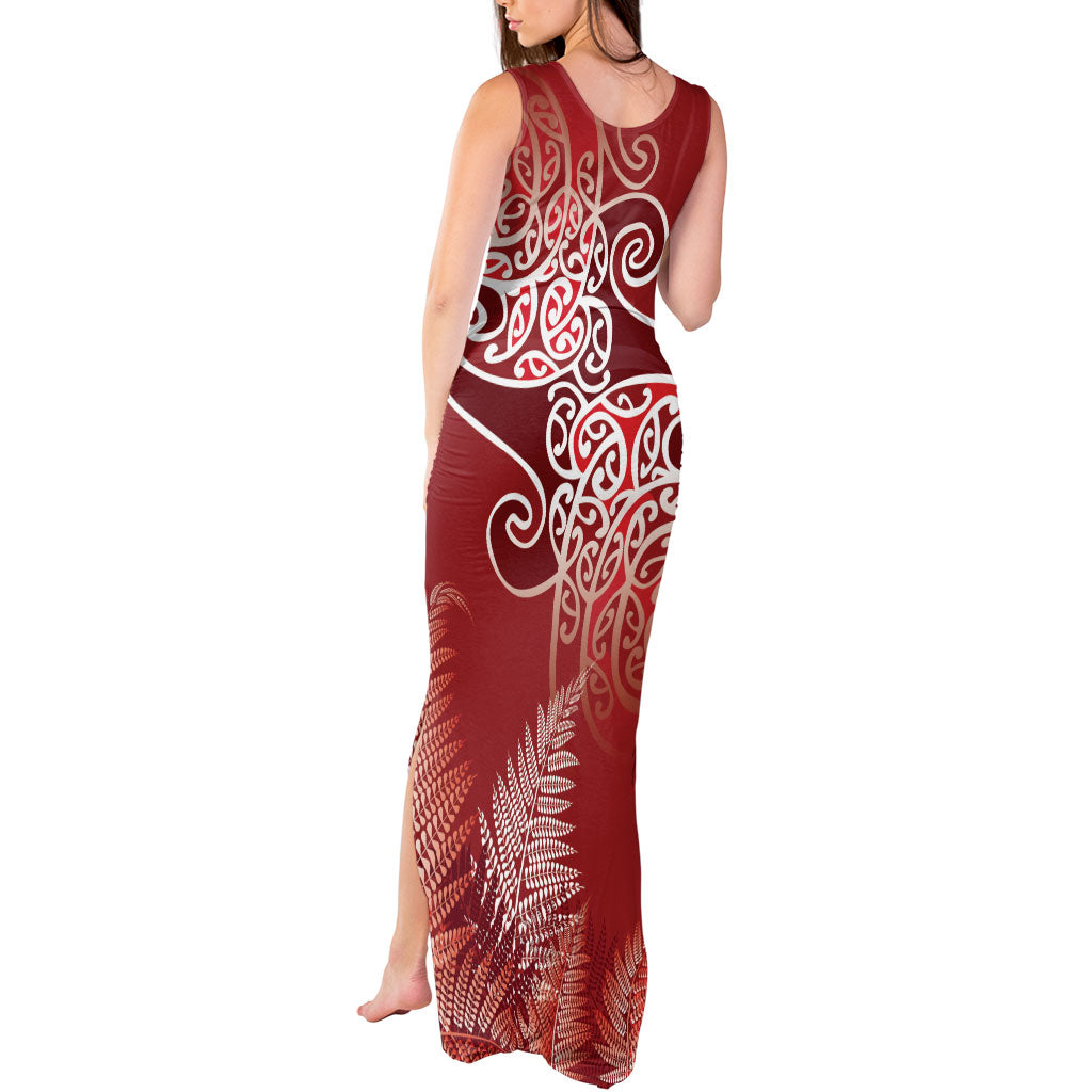 Aotearoa Maori Koru Curves Tank Maxi Dress Silver Ferns - Crimson Red LT7 - Polynesian Pride
