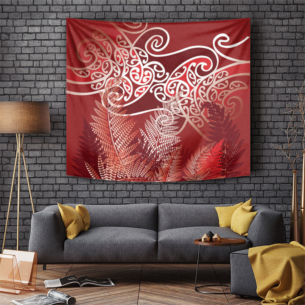 Aotearoa Maori Koru Curves Tapestry Silver Ferns - Crimson Red