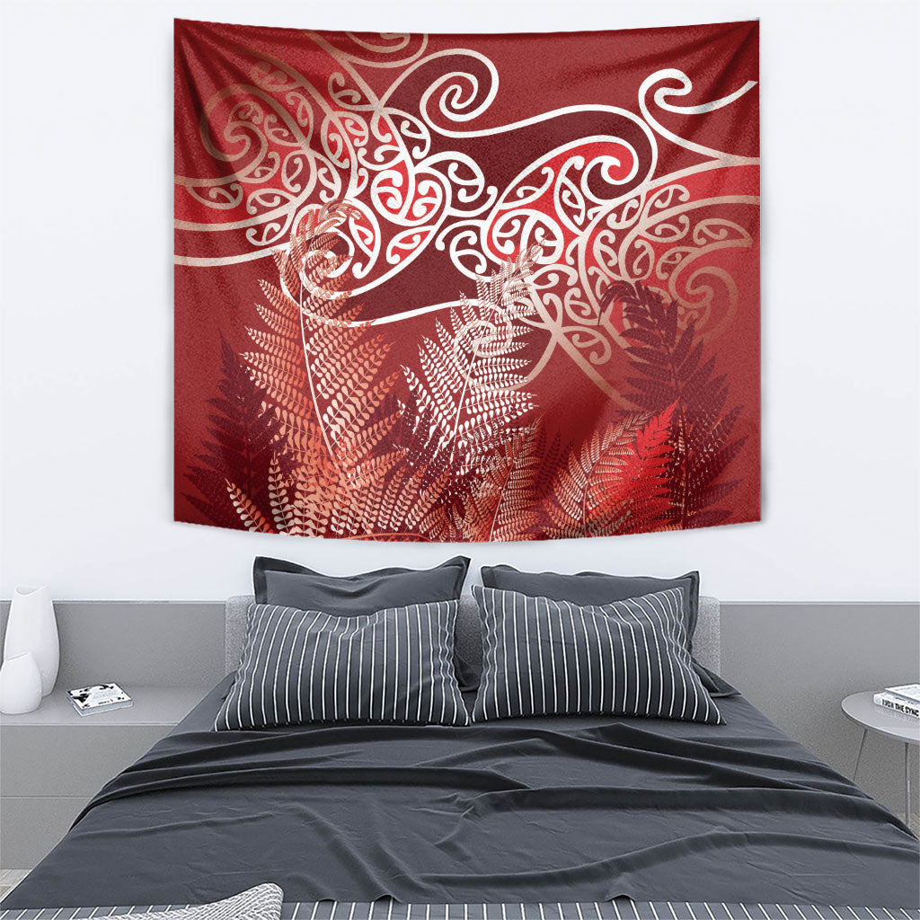 Aotearoa Maori Koru Curves Tapestry Silver Ferns - Crimson Red