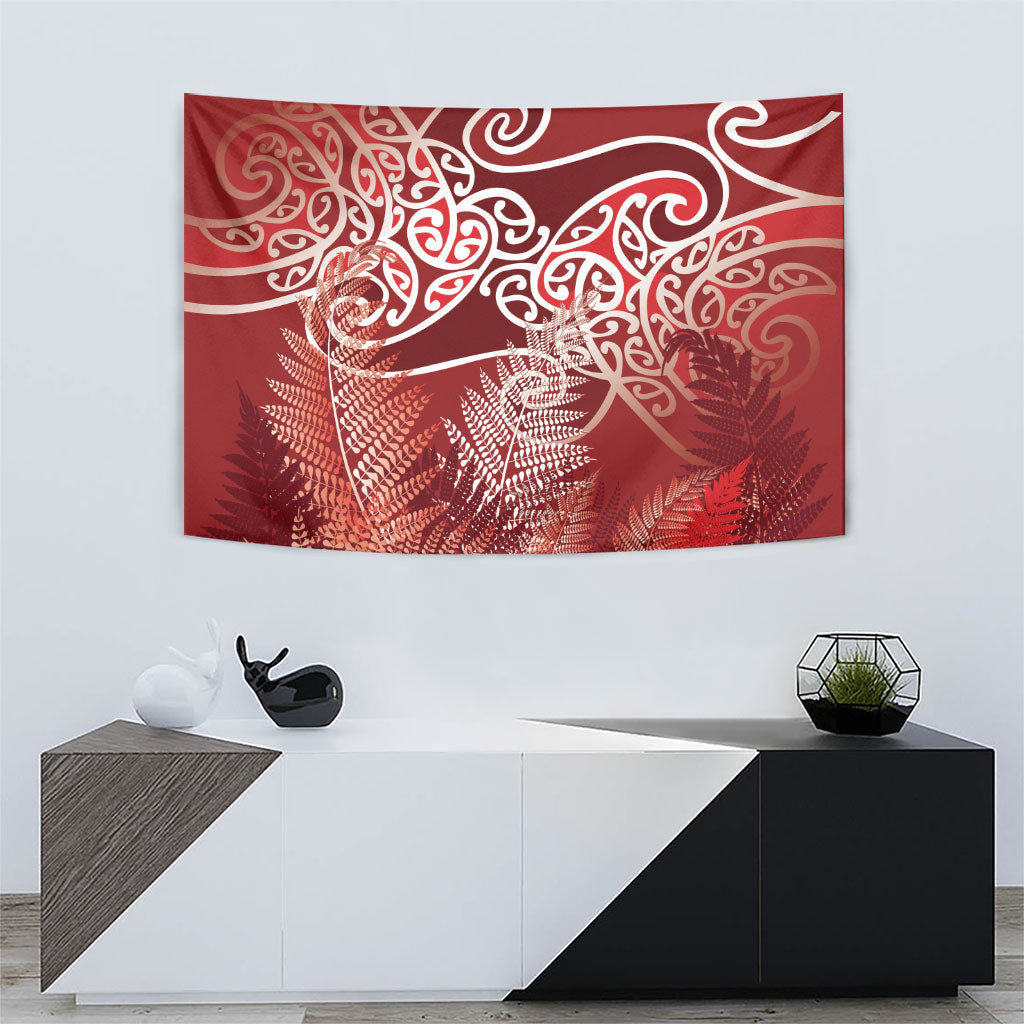 Aotearoa Maori Koru Curves Tapestry Silver Ferns - Crimson Red